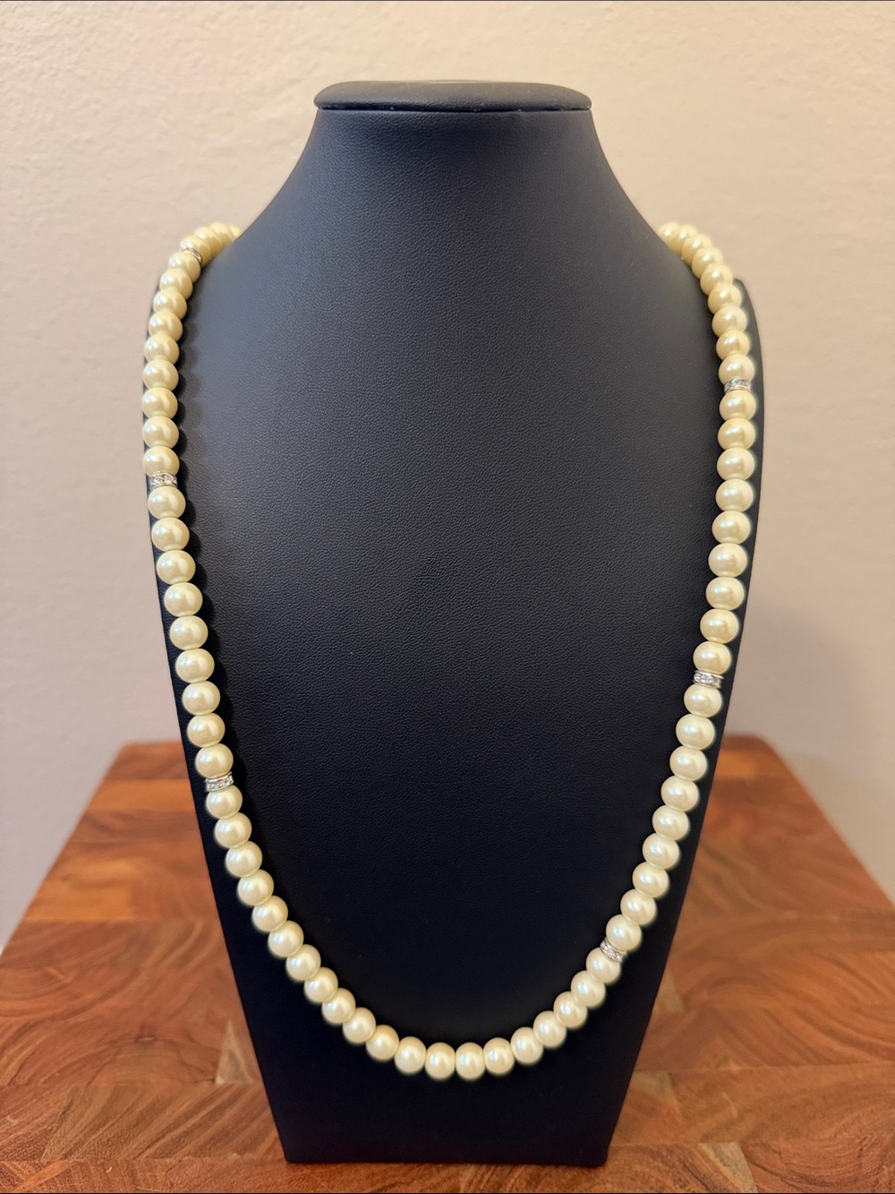 Classic Cream Faux Pearl Necklace with Silver Rhinestone Accents 38" Long